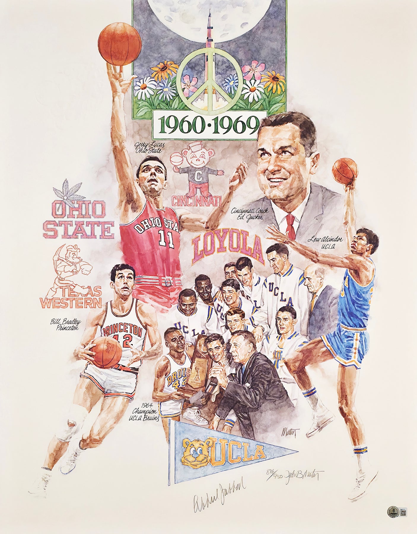 Kareem Abdul Jabbar Autographed 22x28 Lithograph UCLA Bruins NCAA Final Four 1960-69 Beckett BAS #BM37171