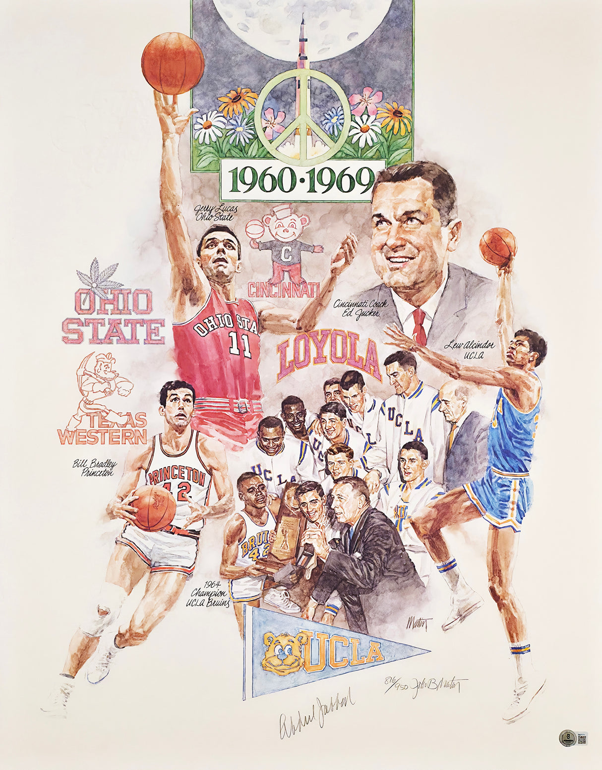 Kareem Abdul Jabbar Autographed 22x28 Lithograph UCLA Bruins NCAA Final Four 1960-69 Beckett BAS #BM37171