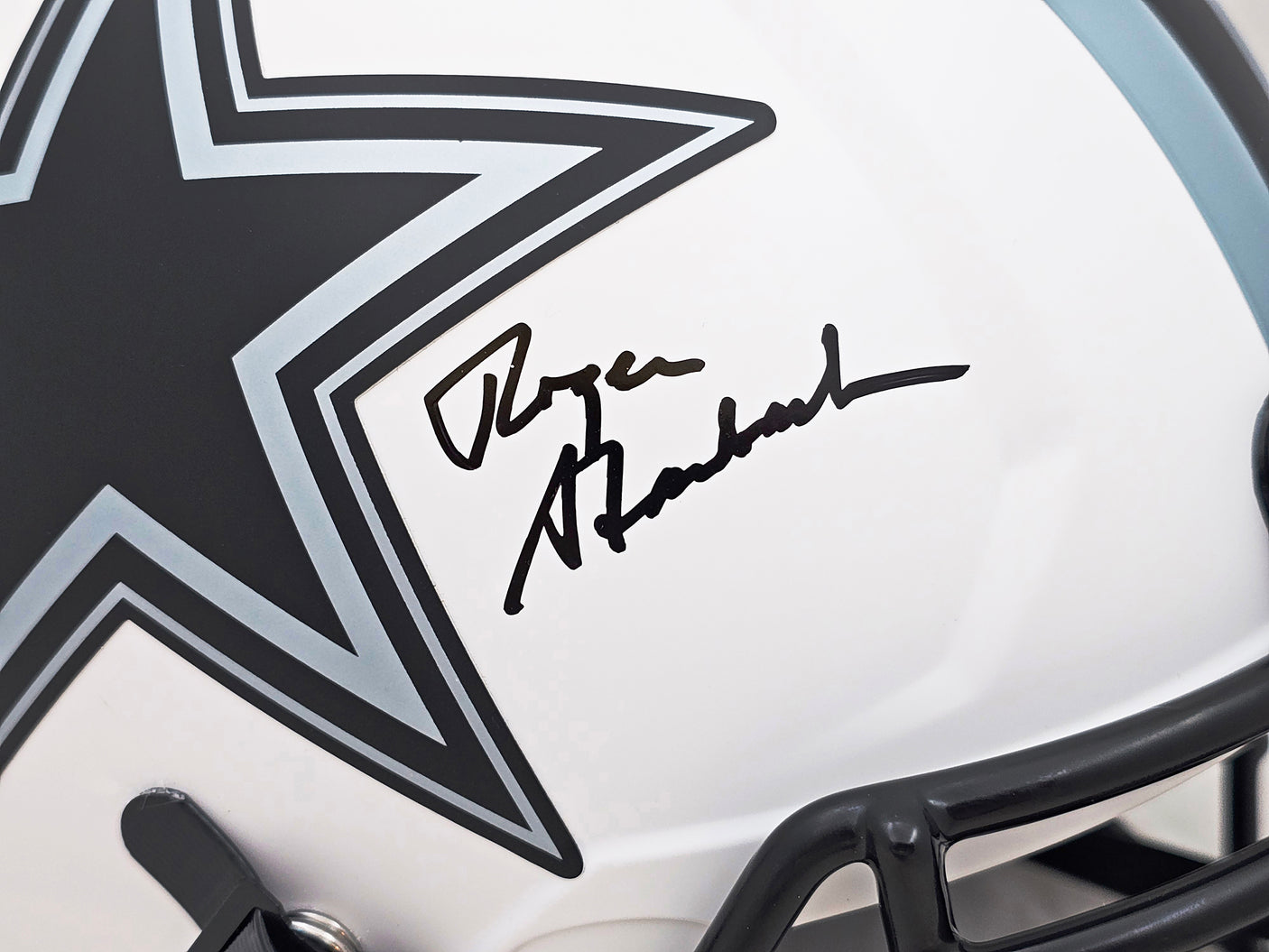 Roger Staubach Autographed Dallas Cowboys Lunar Eclipse White Full Size Authentic Speed Helmet Beckett BAS Witness Stock #212595