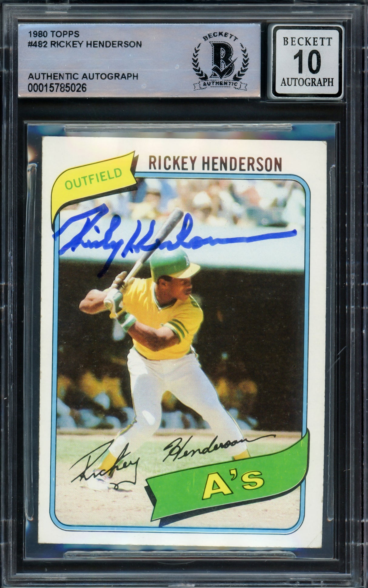 Rickey Henderson Autographed 1980 Topps Rookie Card #482 Oakland A's Auto Grade Gem Mint 10 Beckett BAS #15785026