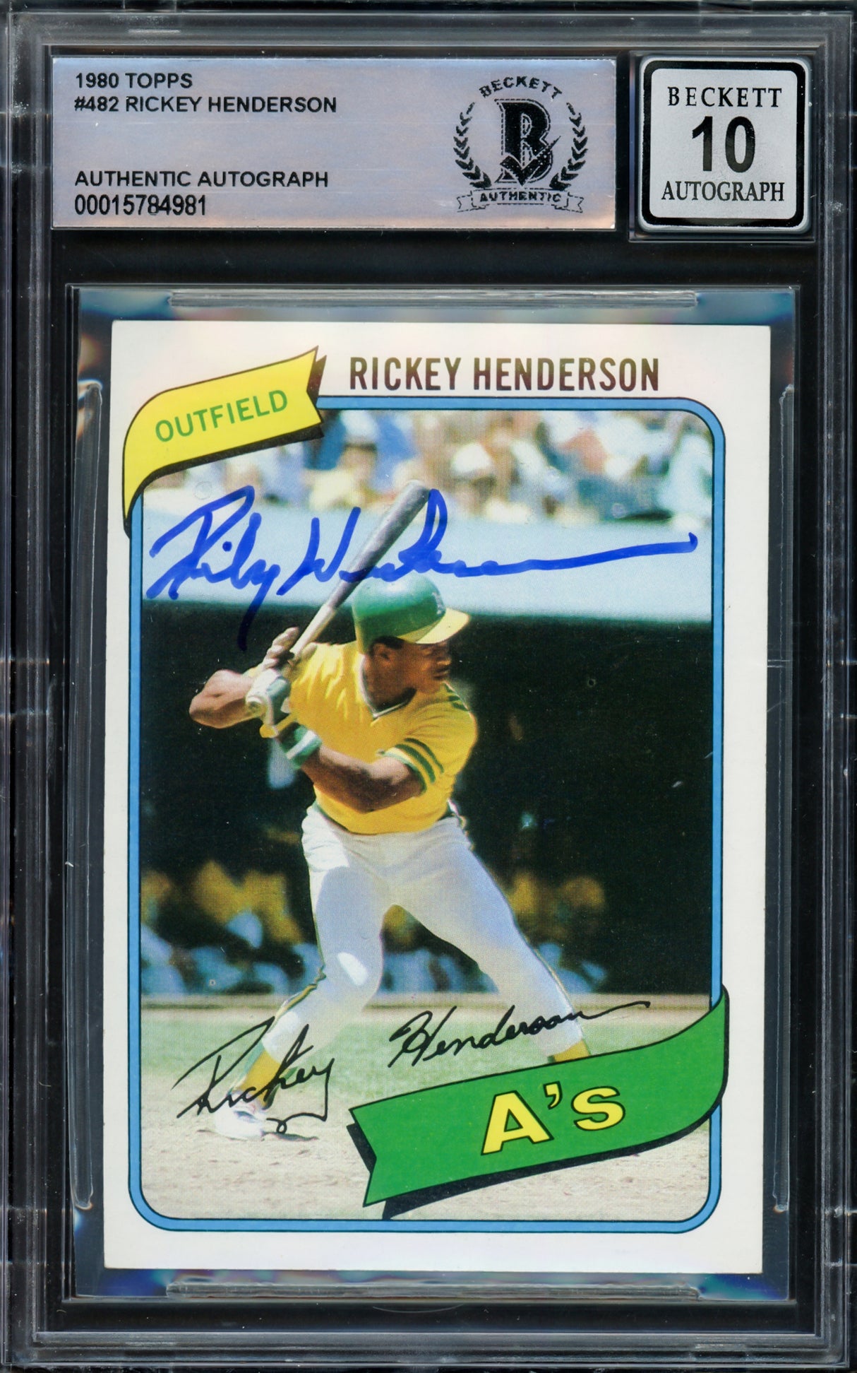 Rickey Henderson Autographed 1980 Topps Rookie Card #482 Oakland A's Auto Grade Gem Mint 10 Beckett BAS #15784981