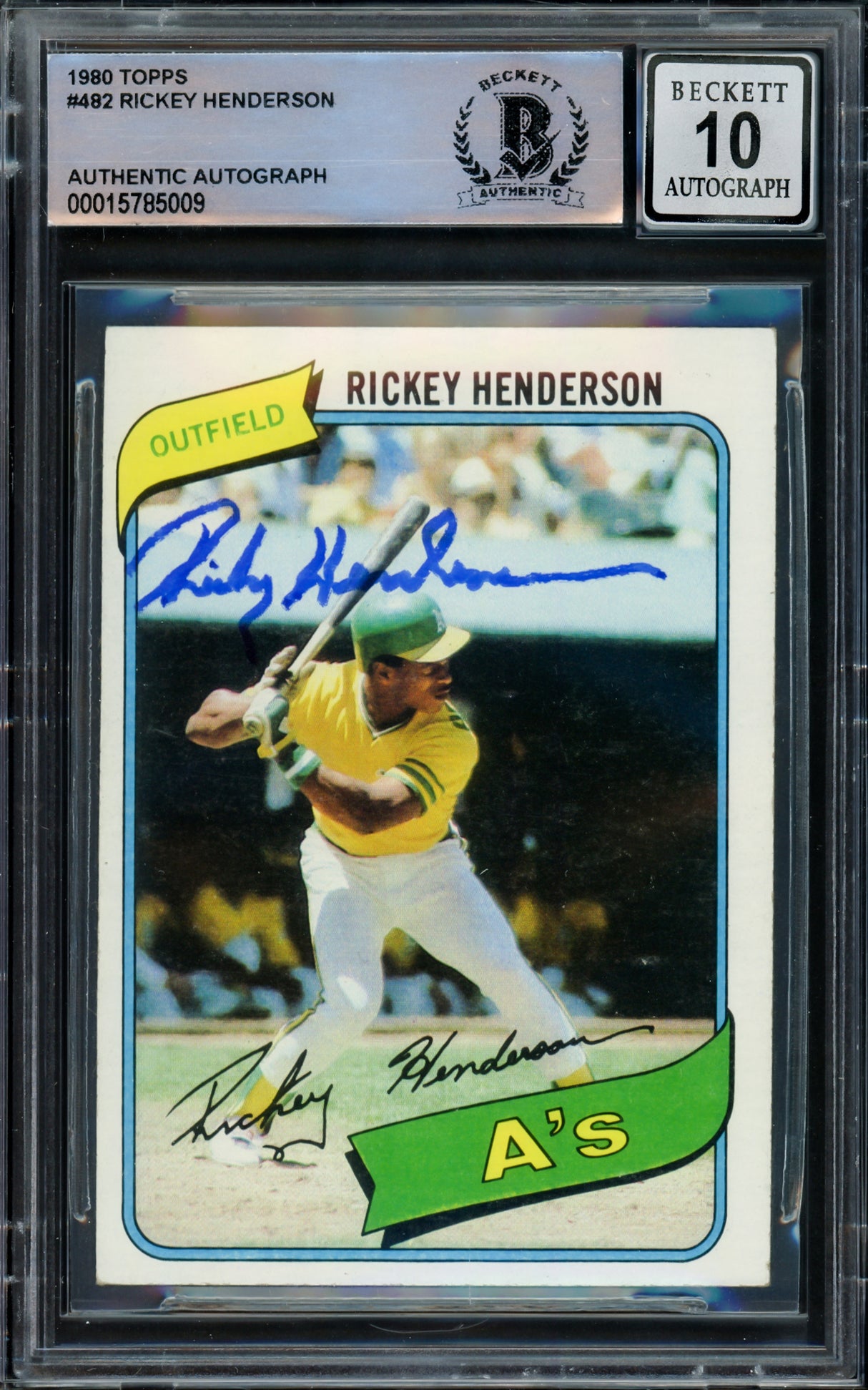 Rickey Henderson Autographed 1980 Topps Rookie Card #482 Oakland A's Auto Grade Gem Mint 10 Beckett BAS #15785009