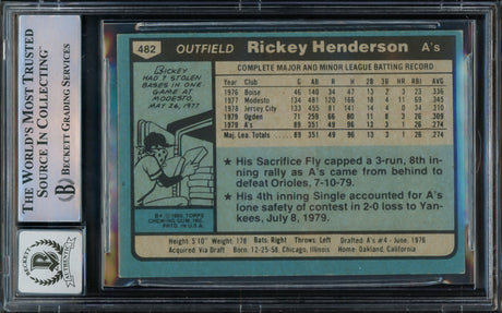 Rickey Henderson Autographed 1980 Topps Rookie Card #482 Oakland A's Auto Grade Gem Mint 10 Beckett BAS #15785009