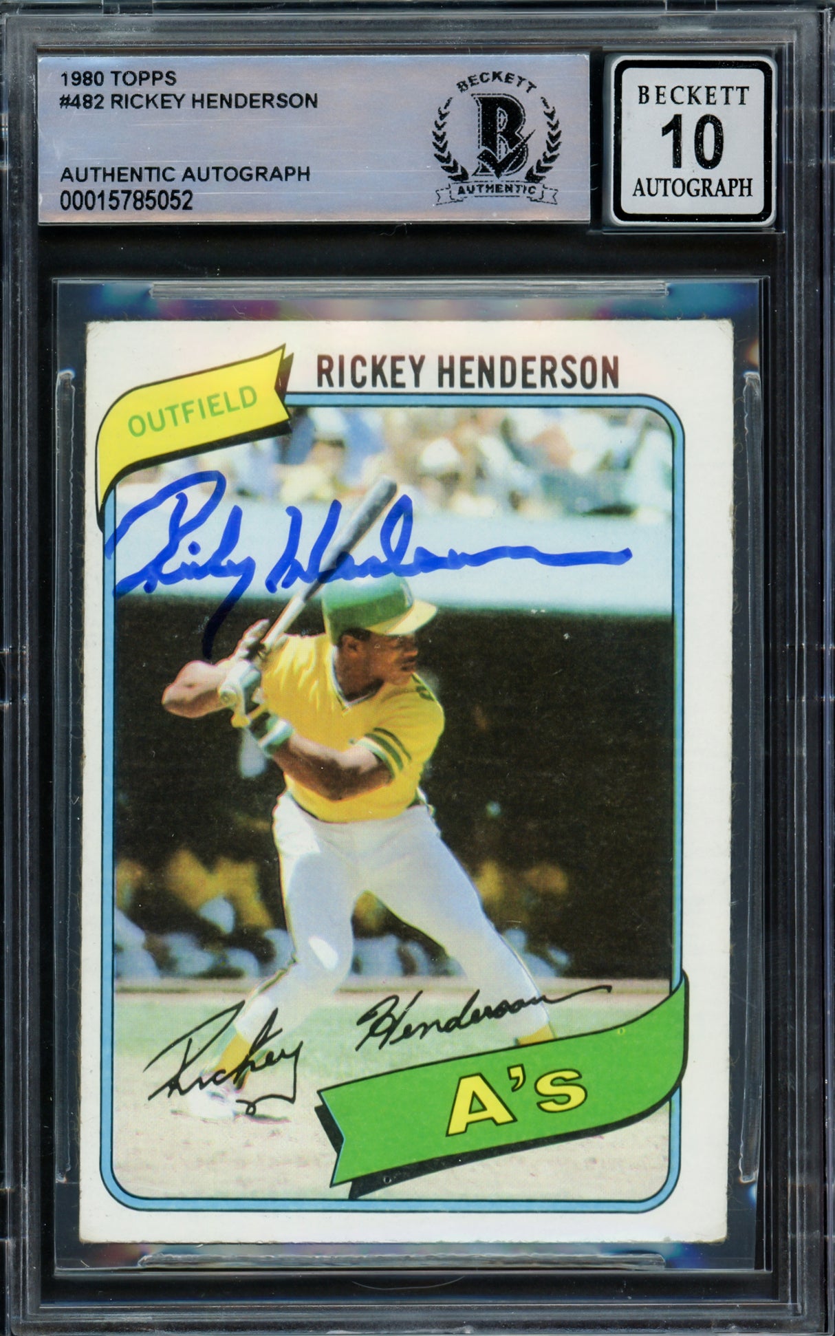 Rickey Henderson Autographed 1980 Topps Rookie Card #482 Oakland A's Auto Grade Gem Mint 10 Beckett BAS #15785052