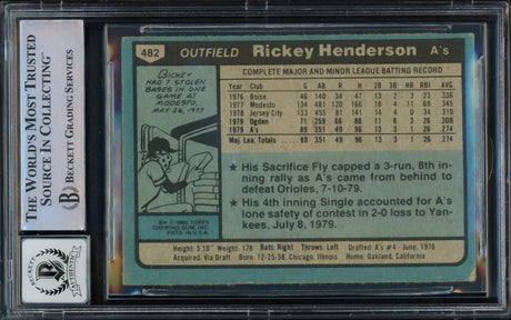 Rickey Henderson Autographed 1980 Topps Rookie Card #482 Oakland A's Auto Grade Gem Mint 10 Beckett BAS #15785052