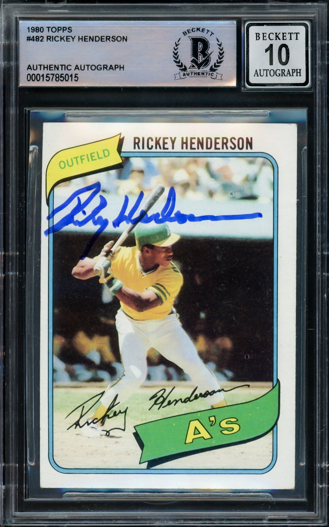 Rickey Henderson Autographed 1980 Topps Rookie Card #482 Oakland A's Auto Grade Gem Mint 10 Beckett BAS #15785015