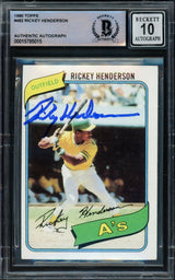 Rickey Henderson Autographed 1980 Topps Rookie Card #482 Oakland A's Auto Grade Gem Mint 10 Beckett BAS #15785015