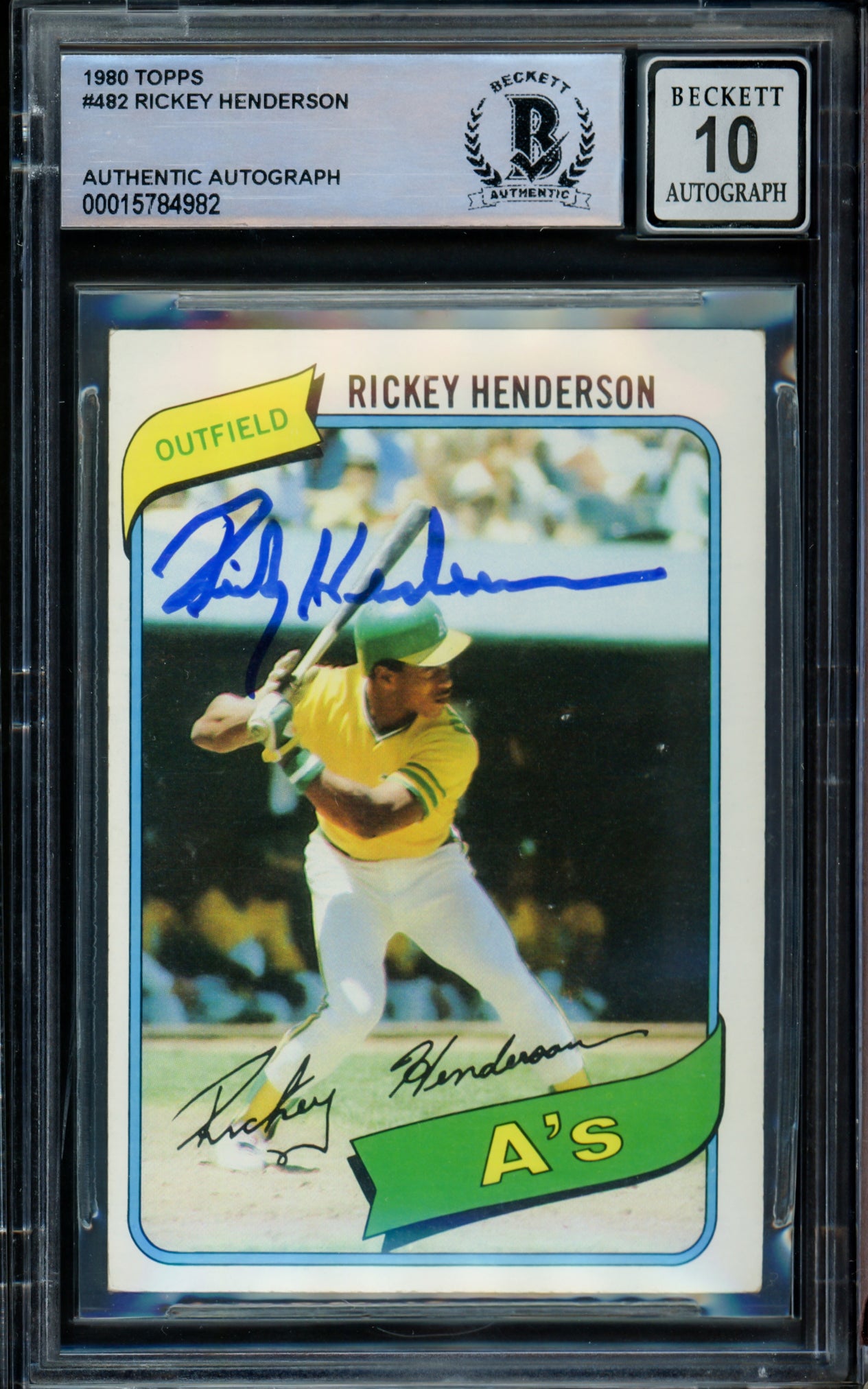 Rickey Henderson Autographed 1980 Topps Rookie Card #482 Oakland A's Auto Grade Gem Mint 10 Beckett BAS #15784982