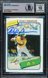 Rickey Henderson Autographed 1980 Topps Rookie Card #482 Oakland A's Auto Grade Gem Mint 10 Beckett BAS #15785055
