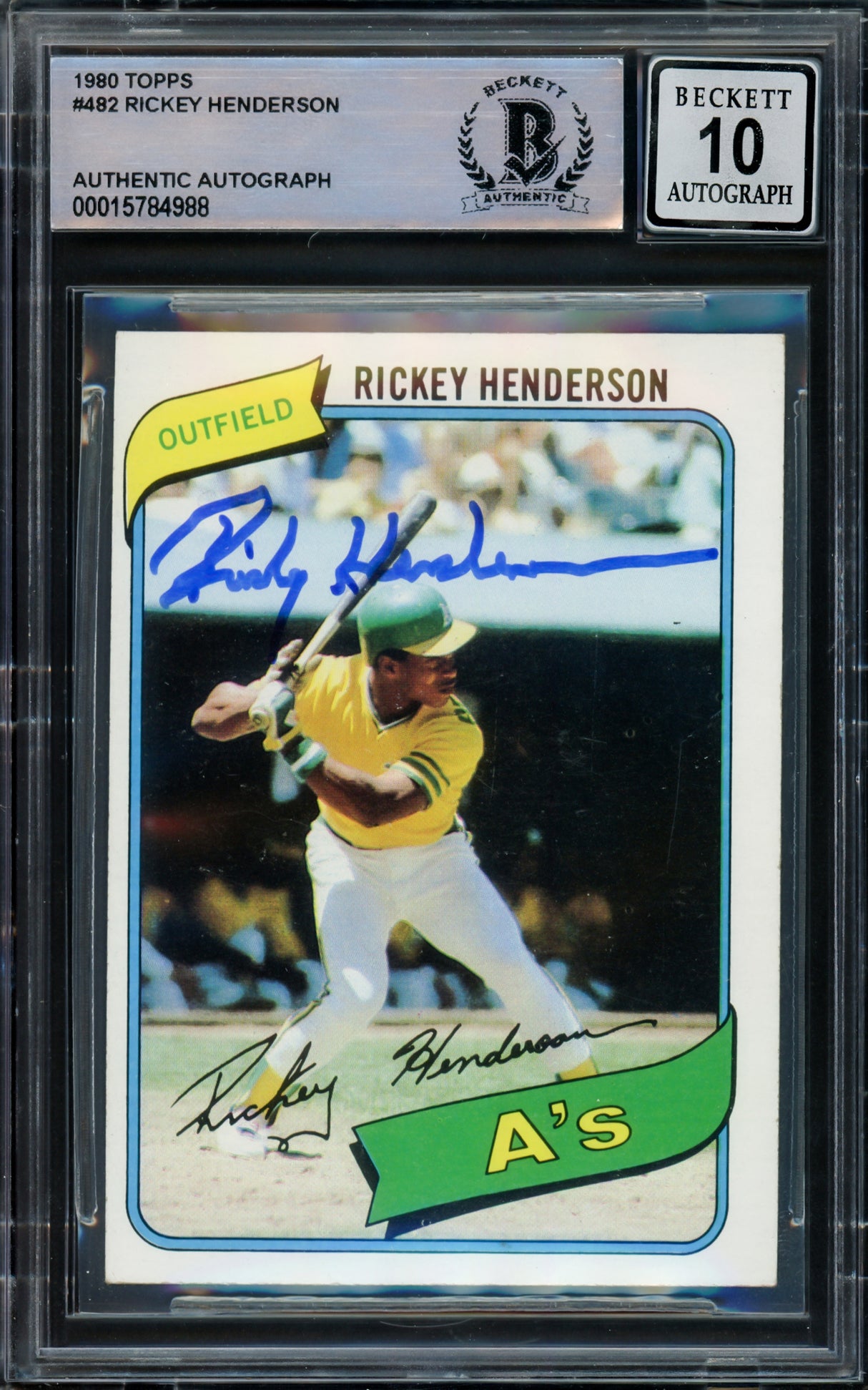 Rickey Henderson Autographed 1980 Topps Rookie Card #482 Oakland A's Auto Grade Gem Mint 10 Beckett BAS #15784988