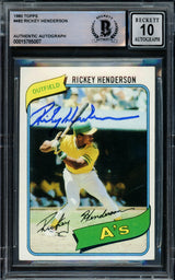 Rickey Henderson Autographed 1980 Topps Rookie Card #482 Oakland A's Auto Grade Gem Mint 10 Beckett BAS #15785007