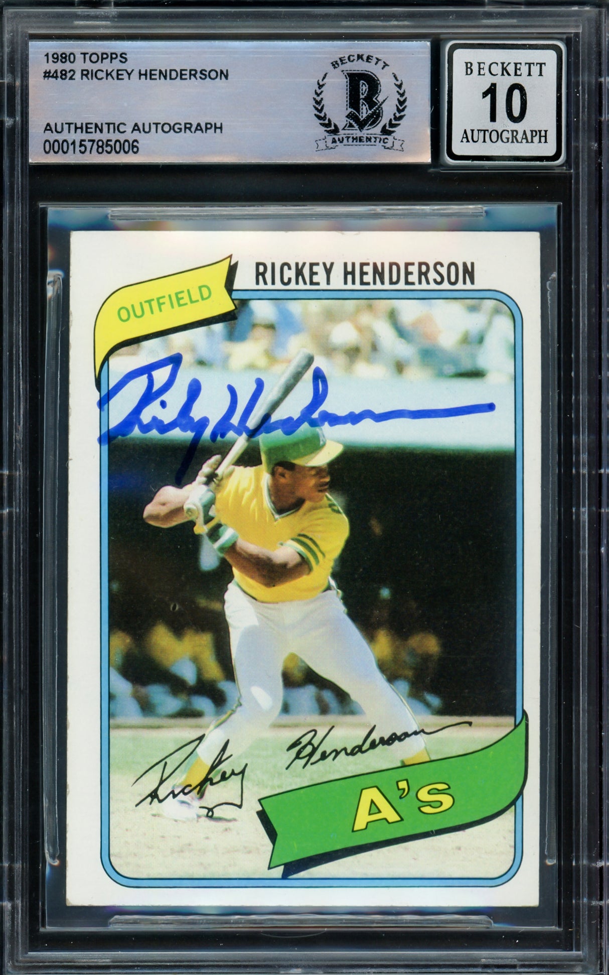 Rickey Henderson Autographed 1980 Topps Rookie Card #482 Oakland A's Auto Grade Gem Mint 10 Beckett BAS #15785006