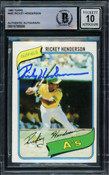 Rickey Henderson Autographed 1980 Topps Rookie Card #482 Oakland A's Auto Grade Gem Mint 10 Beckett BAS #15785006