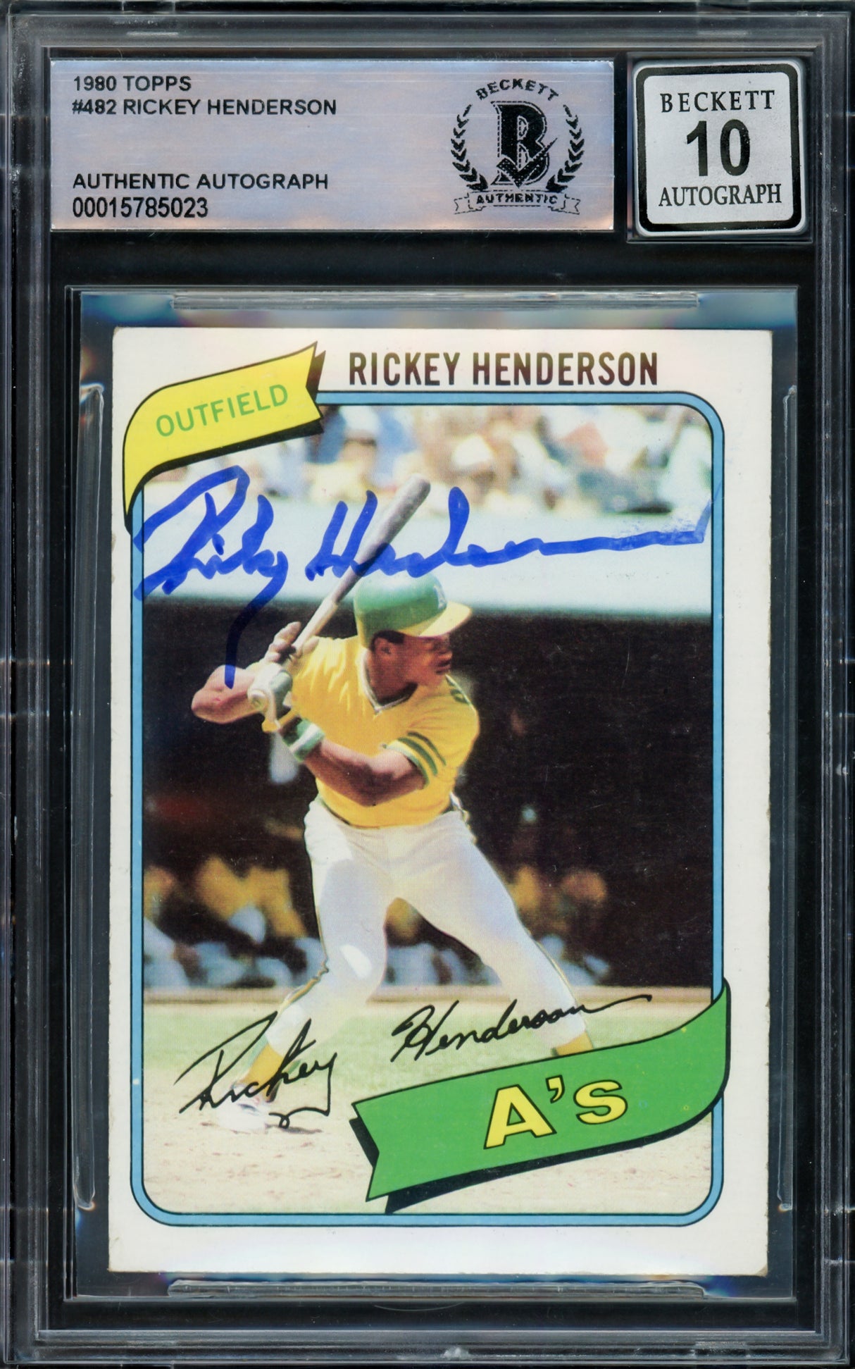 Rickey Henderson Autographed 1980 Topps Rookie Card #482 Oakland A's Auto Grade Gem Mint 10 Beckett BAS #15785023