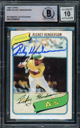 Rickey Henderson Autographed 1980 Topps Rookie Card #482 Oakland A's Auto Grade Gem Mint 10 Beckett BAS #15785023