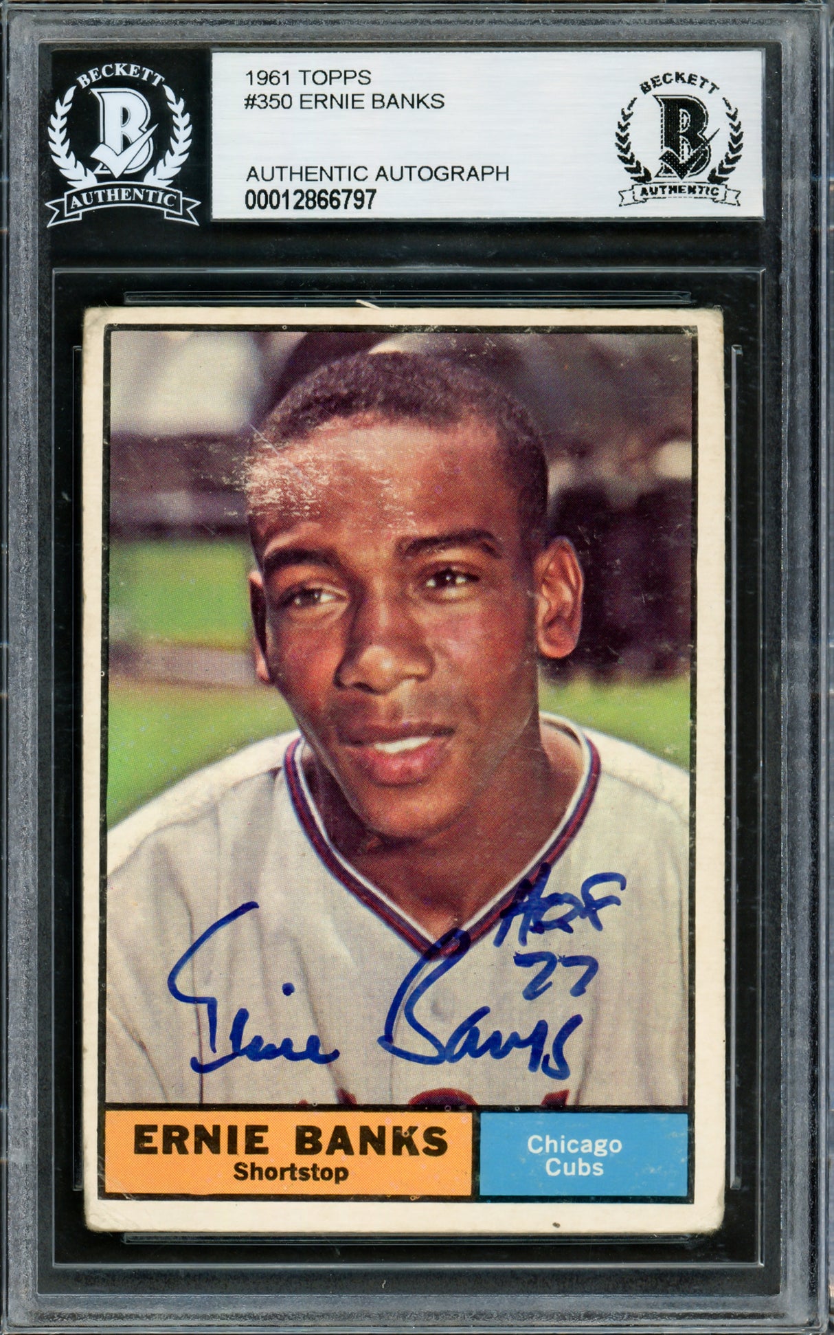 Ernie banks Autographed 1961 Topps Card #350 Chicago Cubs "HOF 77" Beckett BAS #12866797