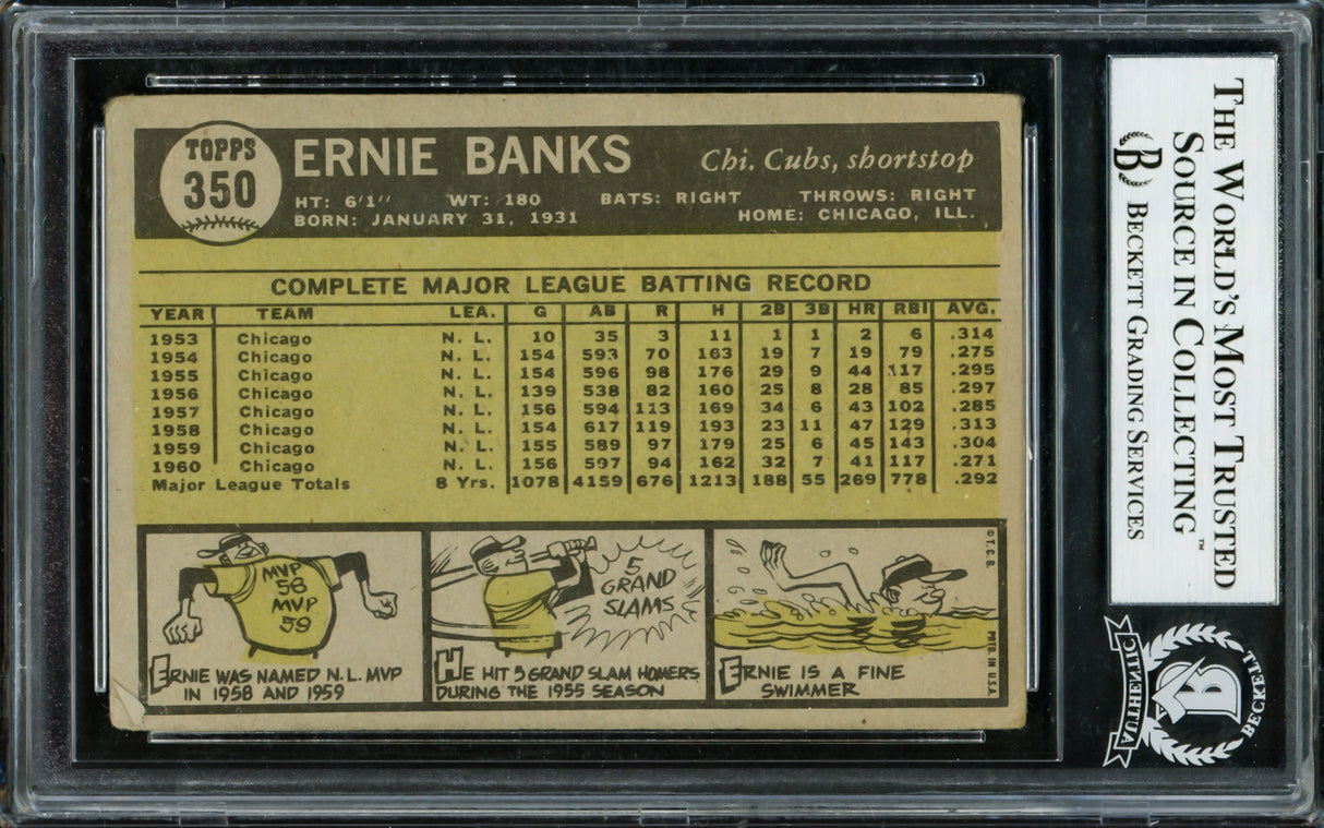Ernie banks Autographed 1961 Topps Card #350 Chicago Cubs "HOF 77" Beckett BAS #12866797