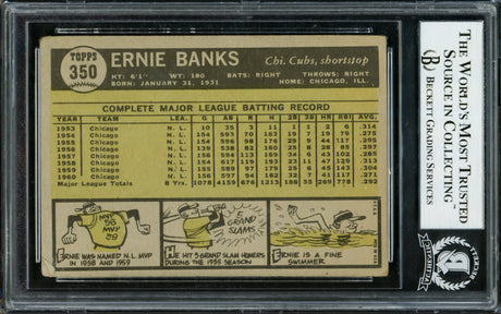 Ernie banks Autographed 1961 Topps Card #350 Chicago Cubs "HOF 77" Beckett BAS #12866797