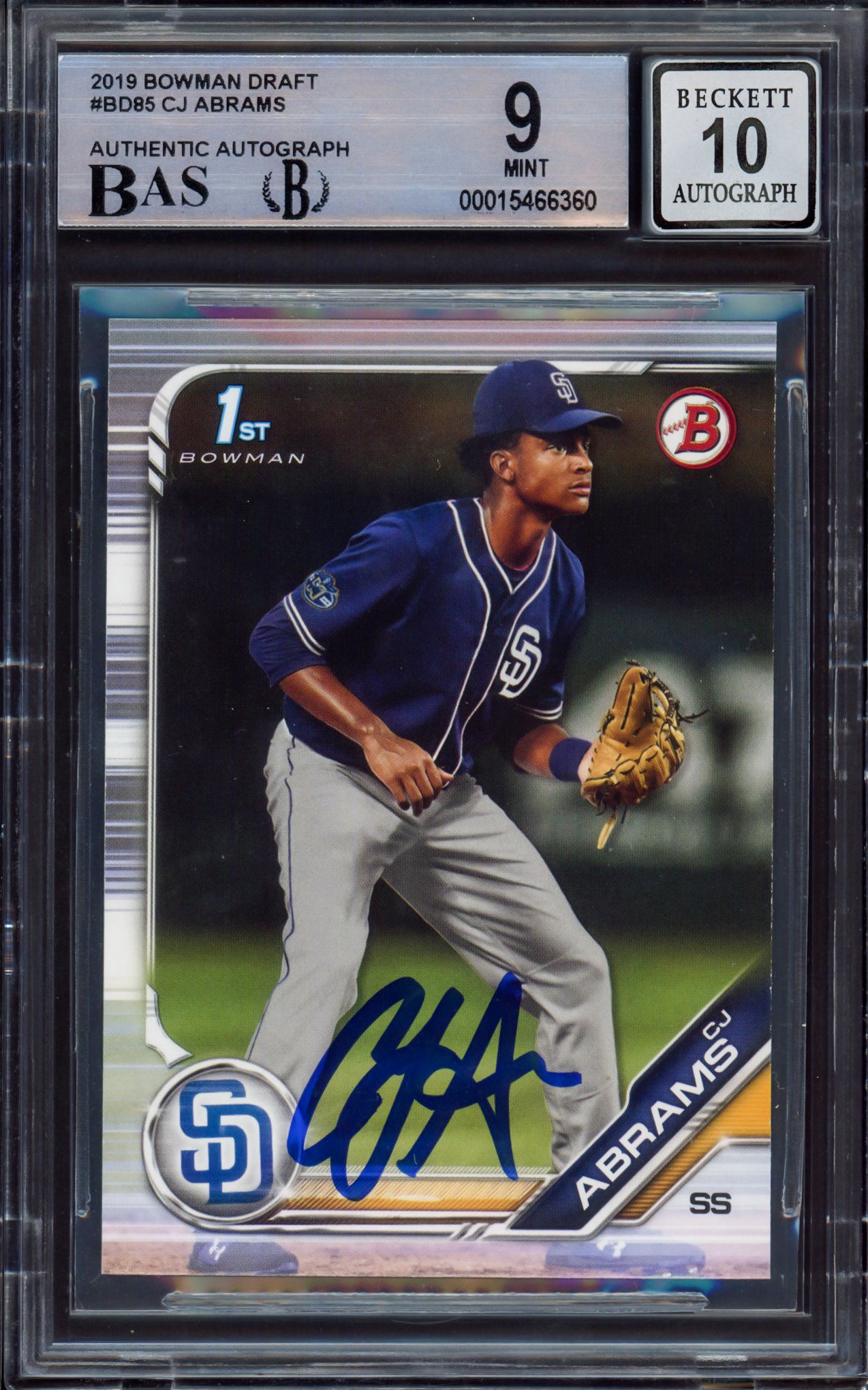 CJ Abrams Autographed 2019 Bowman Draft Rookie Card #BD85 San Diego Padres BGS 9 Auto Grade Gem Mint 10 Beckett BAS #15466360