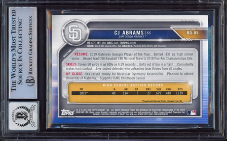CJ Abrams Autographed 2019 Bowman Draft Rookie Card #BD85 San Diego Padres BGS 9 Auto Grade Gem Mint 10 Beckett BAS #15466360