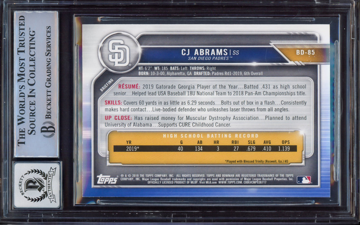 CJ Abrams Autographed 2019 Bowman Draft Rookie Card #BD85 San Diego Padres BGS 9 Auto Grade Gem Mint 10 Beckett BAS #15466360