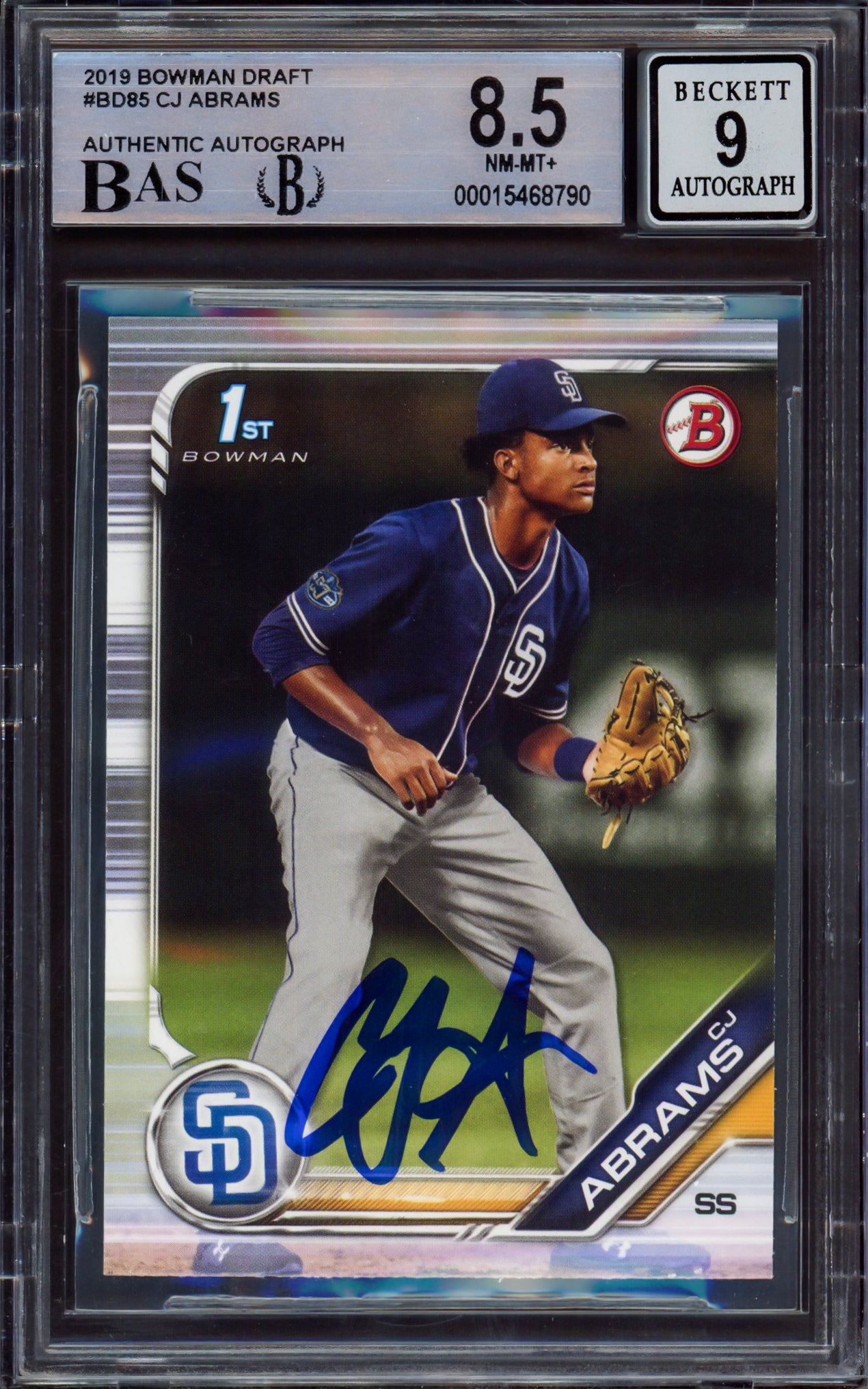 CJ Abrams Autographed 2019 Bowman Draft Rookie Card #BD85 San Diego Padres BGS 8.5 Auto Grade Mint 9 Beckett BAS #15468790