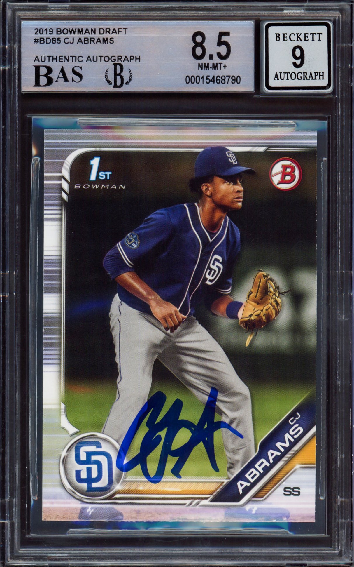 CJ Abrams Autographed 2019 Bowman Draft Rookie Card #BD85 San Diego Padres BGS 8.5 Auto Grade Mint 9 Beckett BAS #15468790