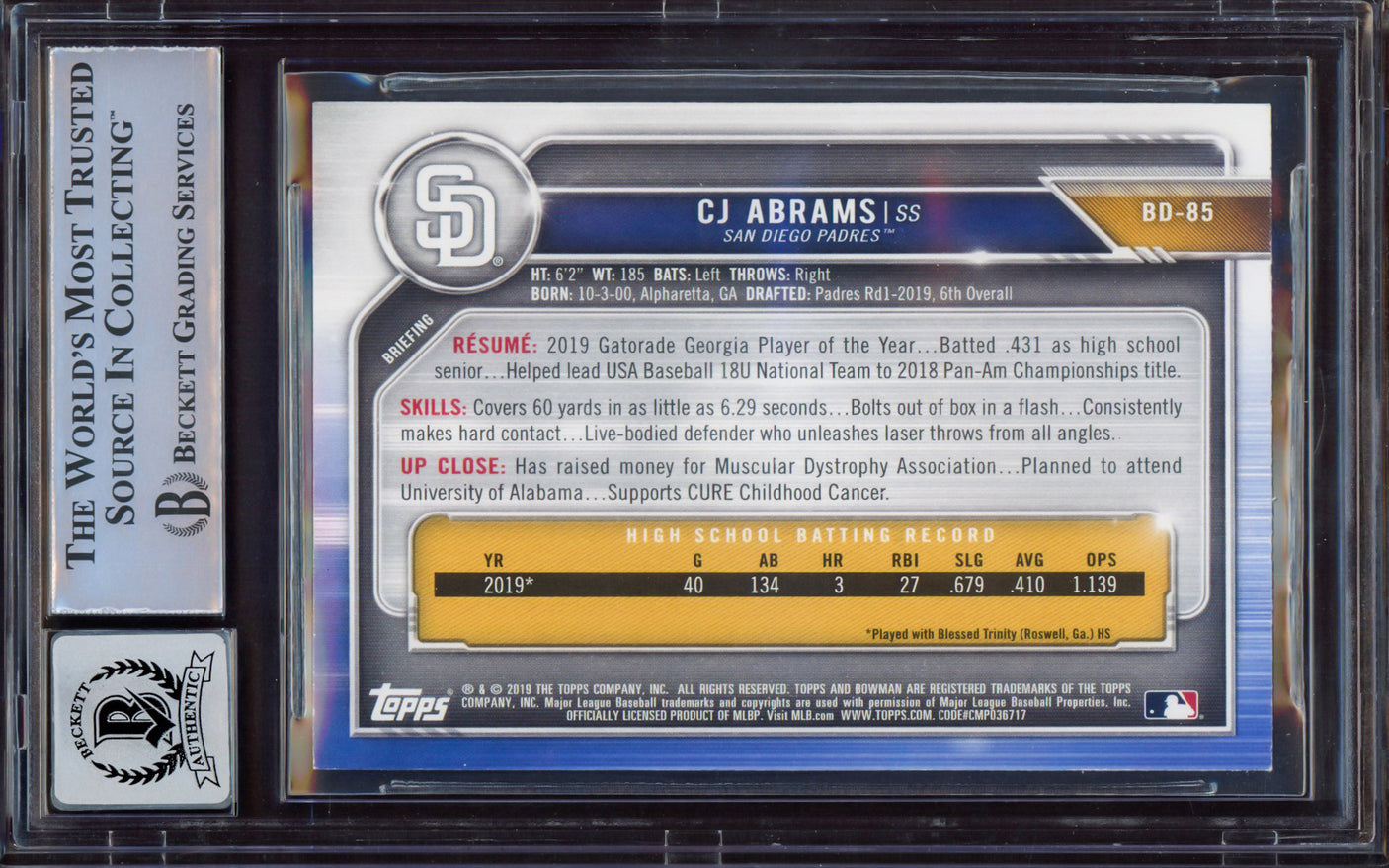 CJ Abrams Autographed 2019 Bowman Draft Rookie Card #BD85 San Diego Padres BGS 8.5 Auto Grade Mint 9 Beckett BAS #15468790