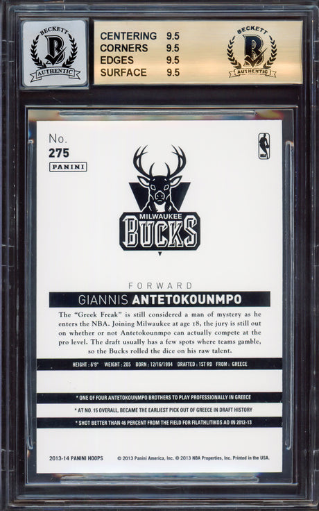 Giannis Antetokounmpo Autographed 2013-14 Hoops Rookie Card #275 Milwaukee Bucks BGS 9.5 Auto Grade Near Mint/Mint 8 "Greek Freak" Beckett BAS #15465626