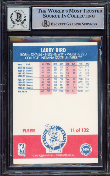 Larry Bird Autographed 1987-88 Fleer Card #11 Boston Celtics Auto Grade Gem Mint 10 Beckett BAS #15469634