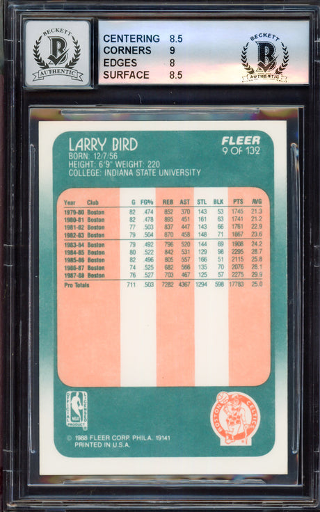 Larry Bird Autographed 1988-89 Fleer Card #9 Boston Celtics BGS 8.5 Auto Grade Gem Mint 10 Beckett BAS #15464744