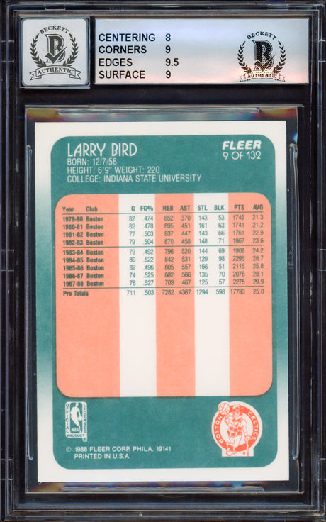 Larry Bird Autographed 1988-89 Fleer Card #9 Boston Celtics BGS 8.5 Auto Grade Gem Mint 10 Beckett BAS #15464743