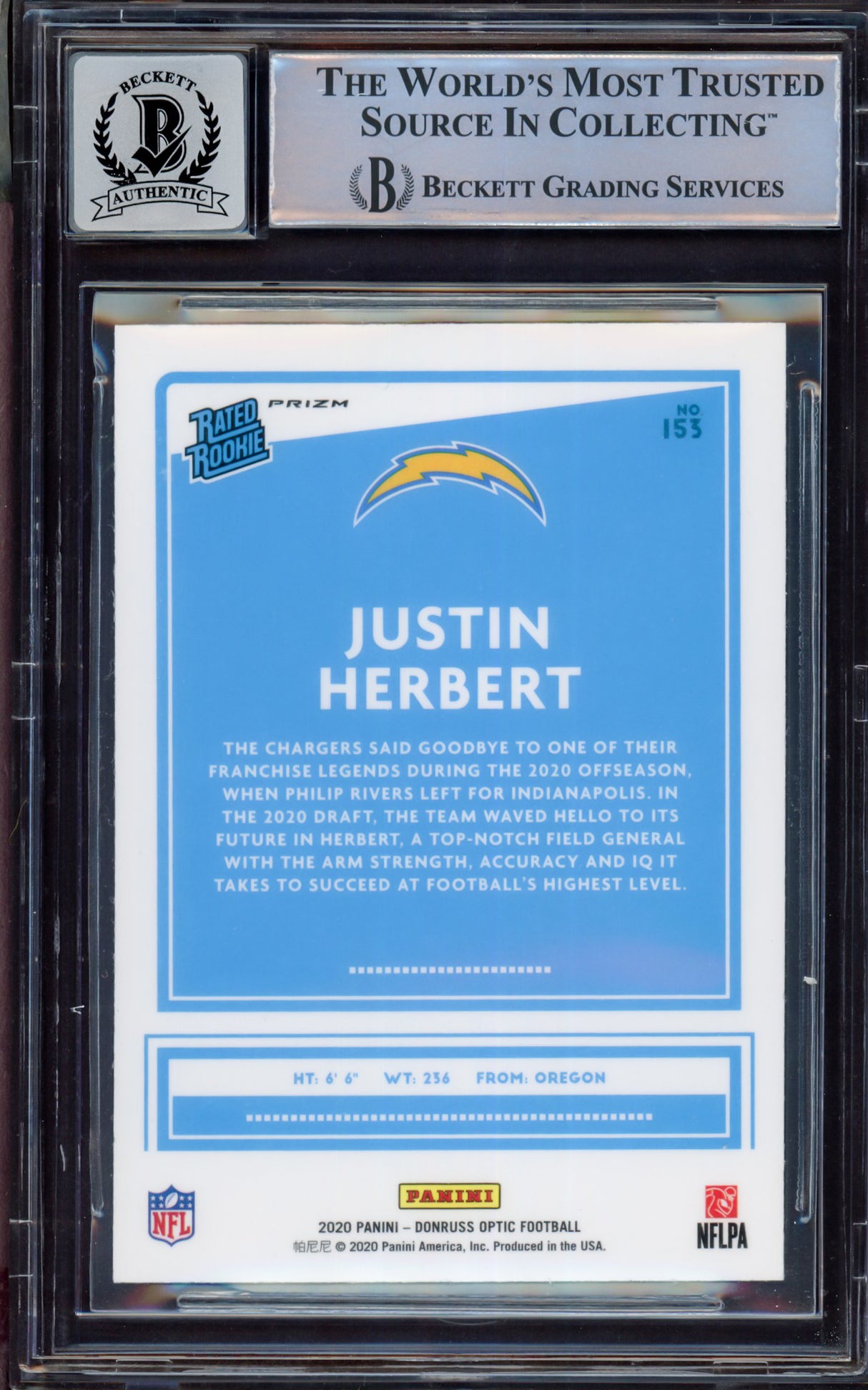 Justin Herbert Autographed 2020 Donruss Optic Holo Rookie Card #153 Los Angeles Chargers BGS 9 Auto Grade Near Mint/Mint 8 Beckett BAS #15467844