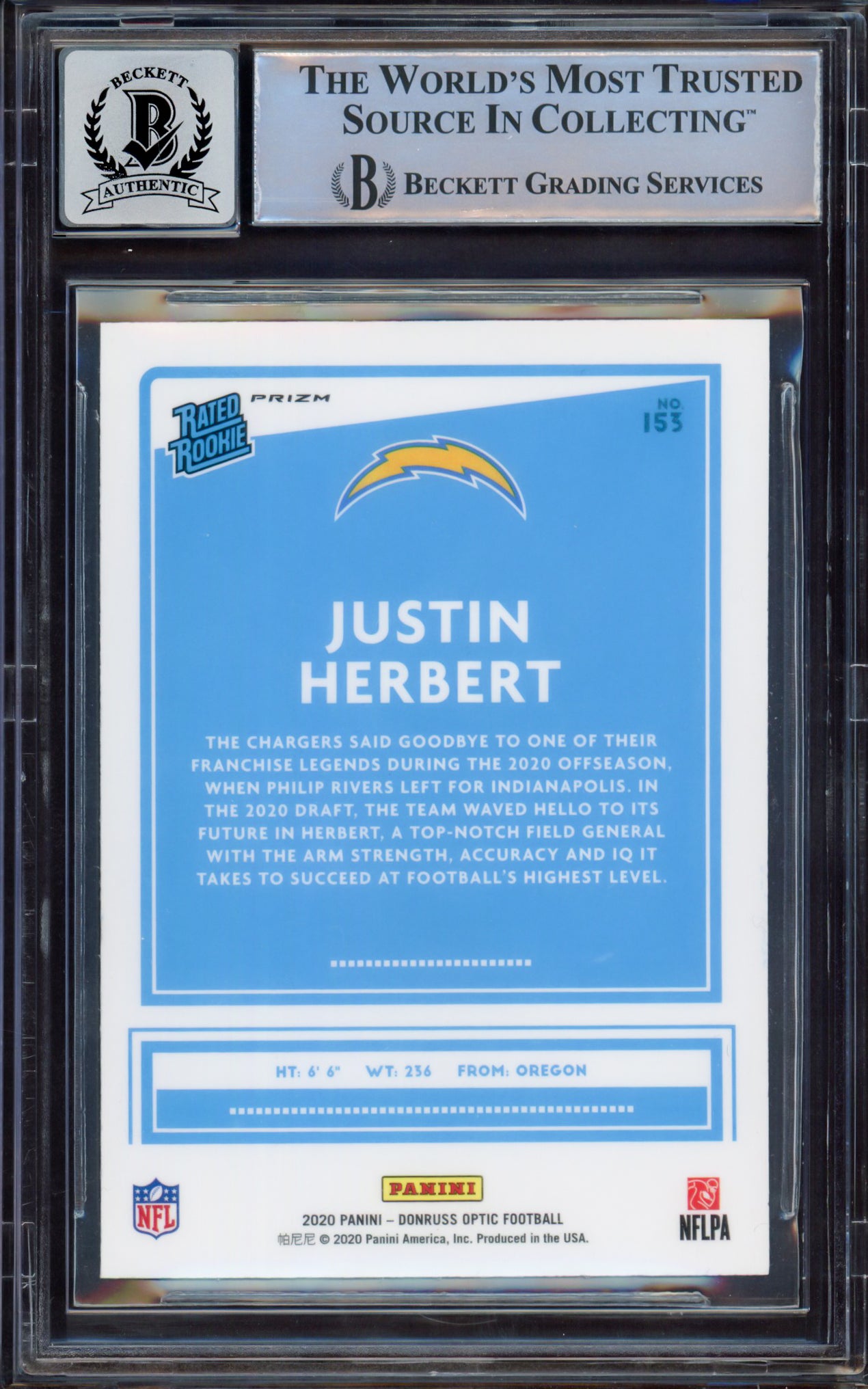 Justin Herbert Autographed 2020 Donruss Optic Holo Rookie Card #153 Los Angeles Chargers BGS 8.5 Auto Grade Near Mint/Mint 8 Beckett BAS #15469227