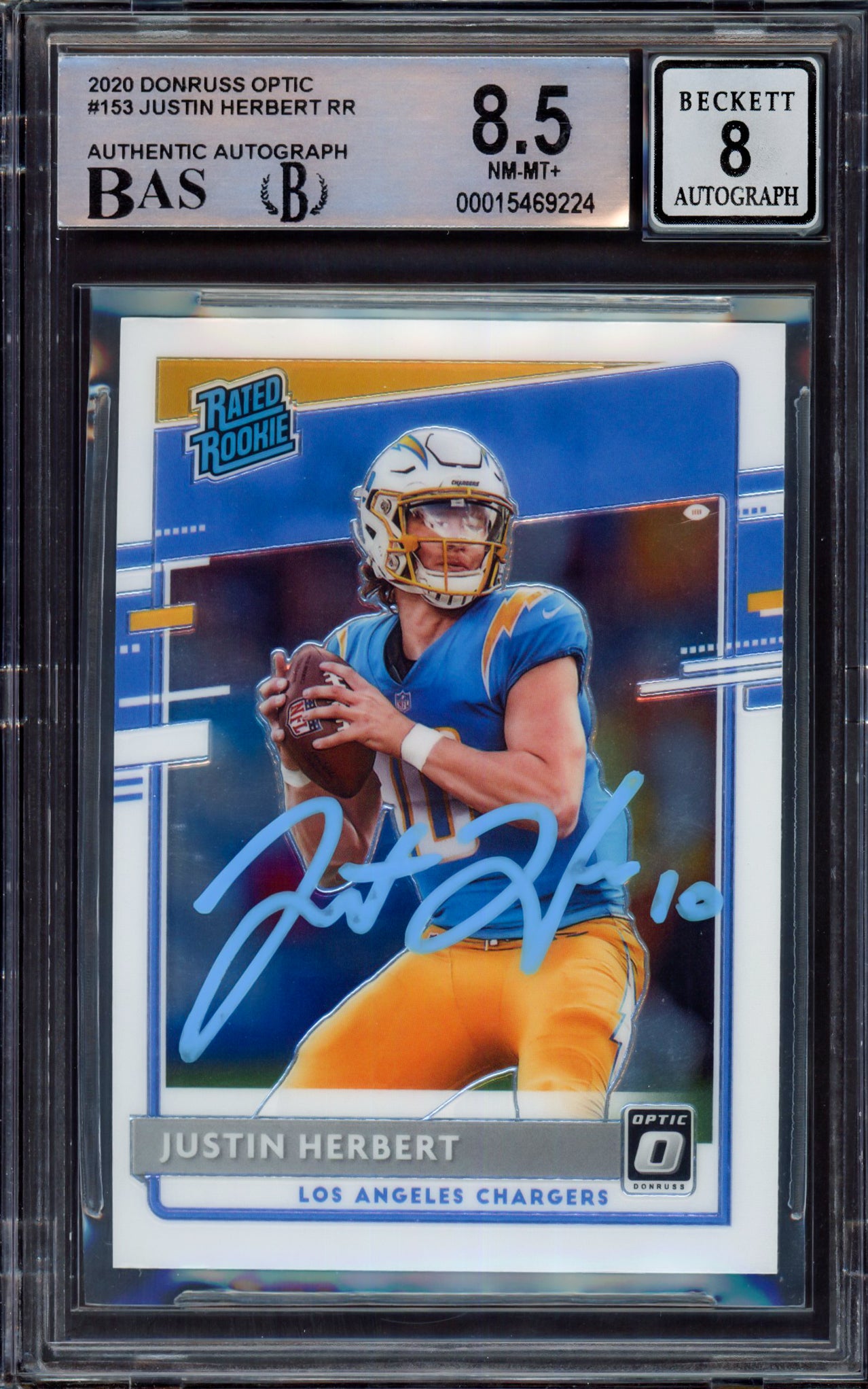 Justin Herbert Autographed 2020 Donruss Optic Rookie Card #153 Los Angeles Chargers BGS 8.5 Auto Grade Near Mint/Mint 8 Beckett BAS #15469224