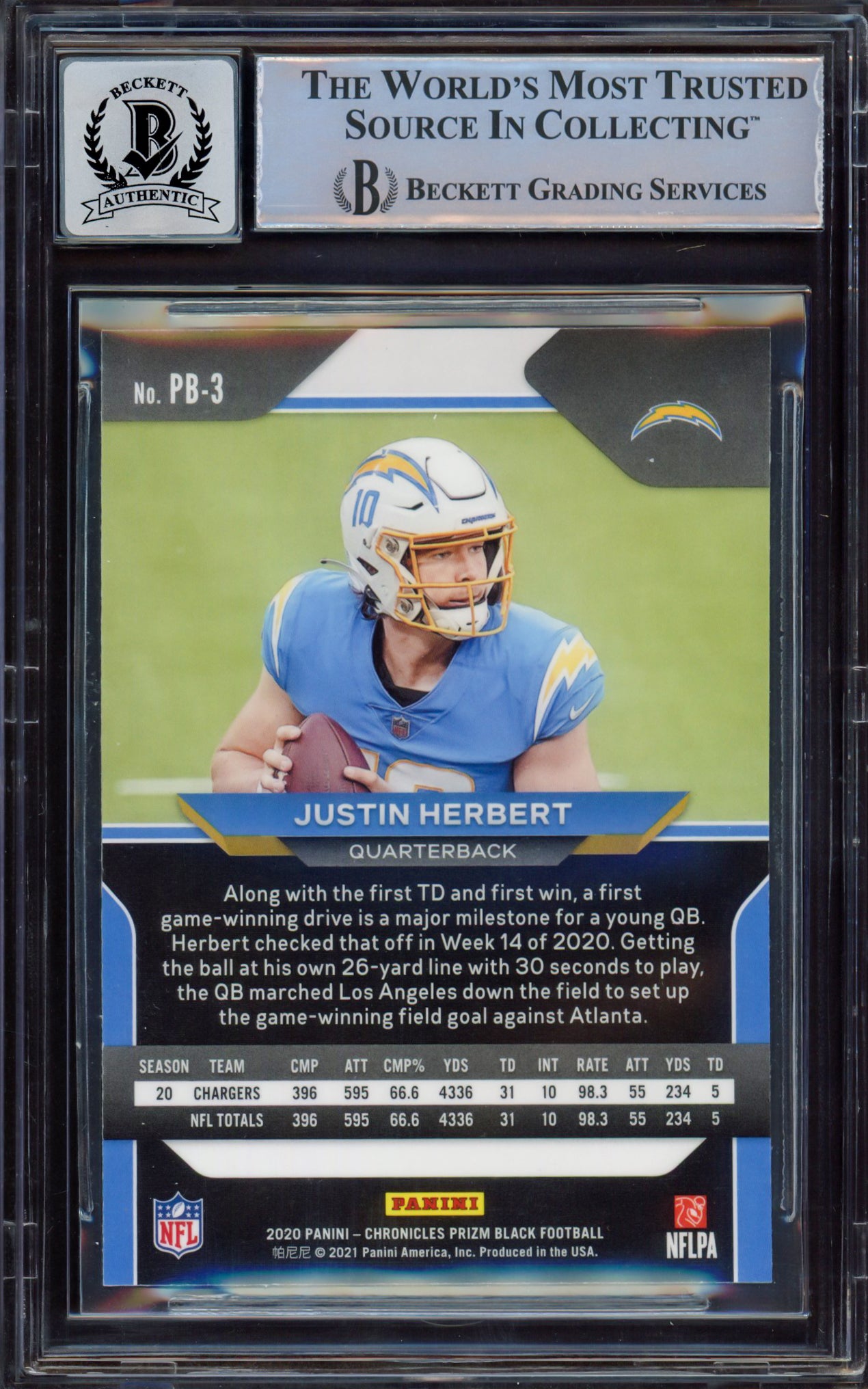 Justin Herbert Autographed 2020 Panini Prizm Black Rookie Card #3 Los Angeles Chargers BGS 9 Auto Grade Near Mint/Mint 8 Beckett BAS #15467852