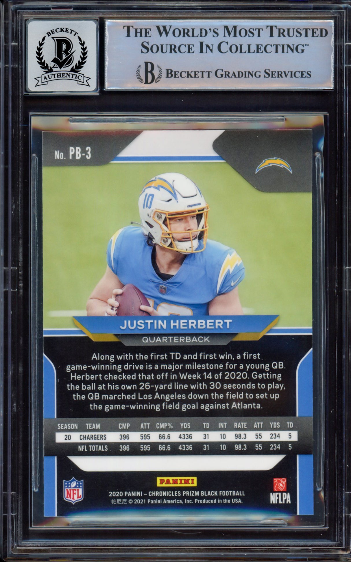 Justin Herbert Autographed 2020 Panini Prizm Black Rookie Card #3 Los Angeles Chargers BGS 8.5 Auto Grade Near Mint/Mint 8 Beckett BAS #15472654