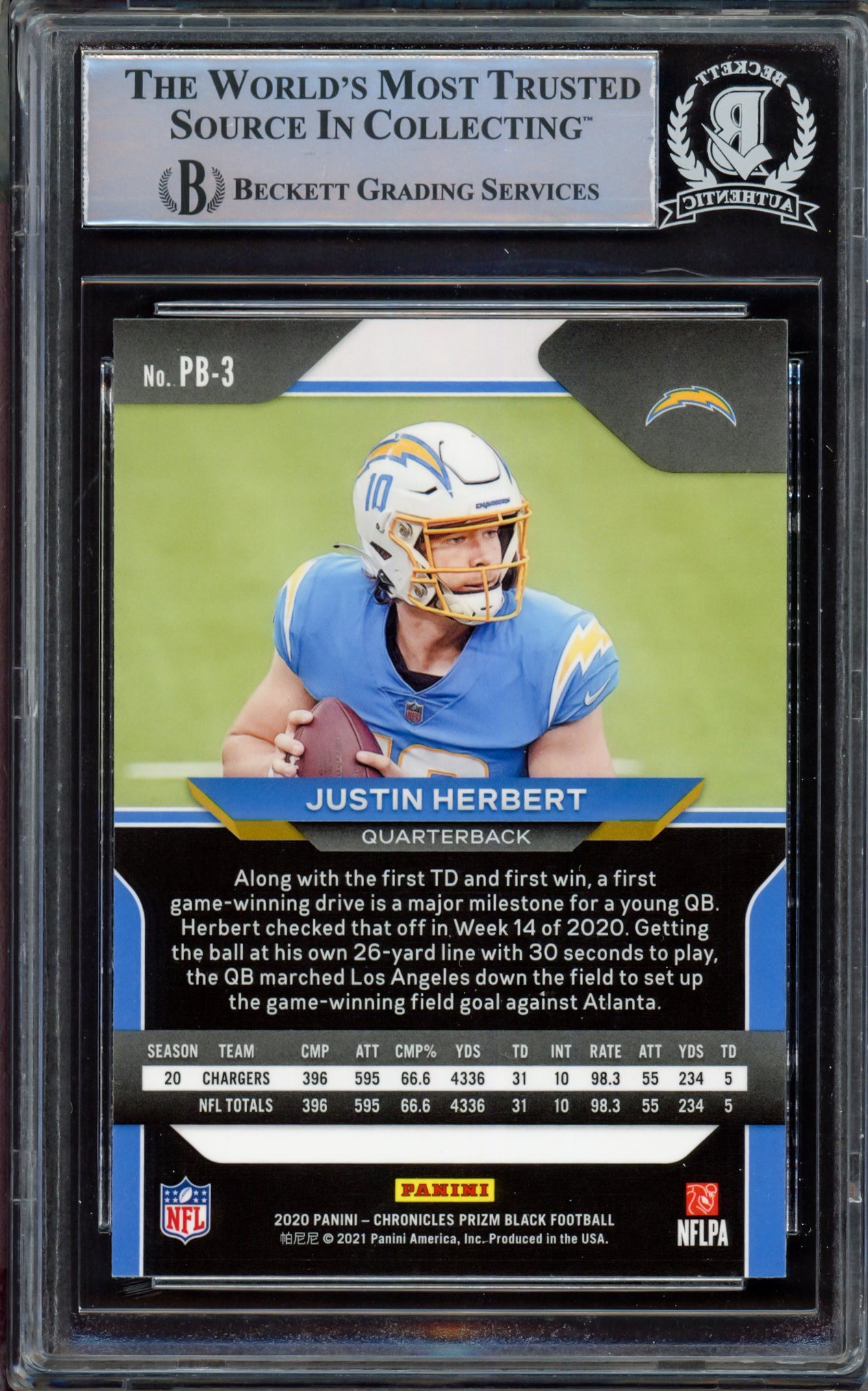 Justin Herbert Autographed 2020 Panini Prizm Black Rookie Card #3 Los Angeles Chargers Beckett BAS #15470099