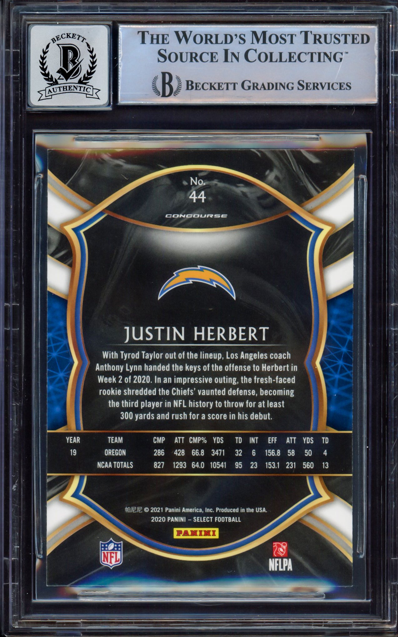 Justin Herbert Autographed 2020 Select Rookie Card #44 Los Angeles Chargers BGS 9 Auto Grade Mint 9 Beckett BAS #15467517