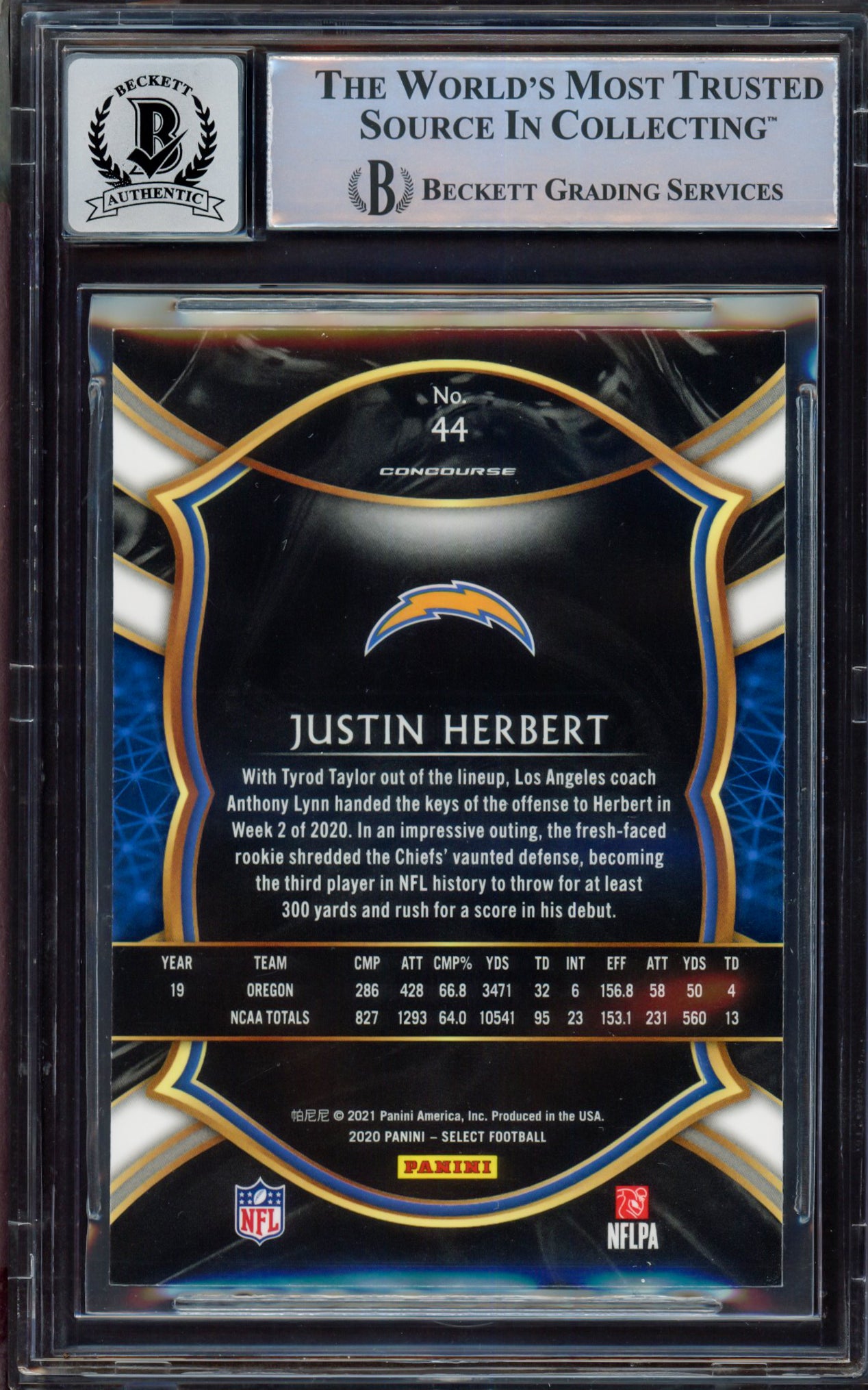 Justin Herbert Autographed 2020 Select Rookie Card #44 Los Angeles Chargers BGS 9 Auto Grade Near Mint/Mint 8 Beckett BAS #15467857