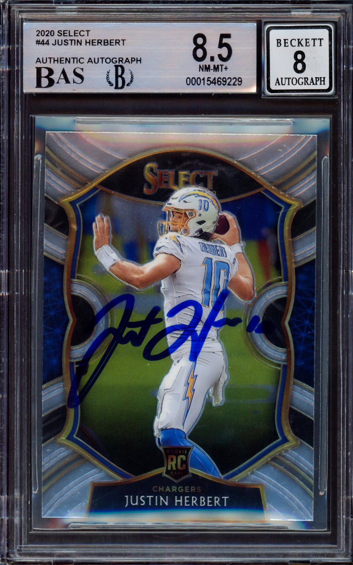 Justin Herbert Autographed 2020 Select Rookie Card #44 Los Angeles Chargers BGS 8.5 Auto Grade Near Mint/Mint 8 Beckett BAS #15469229