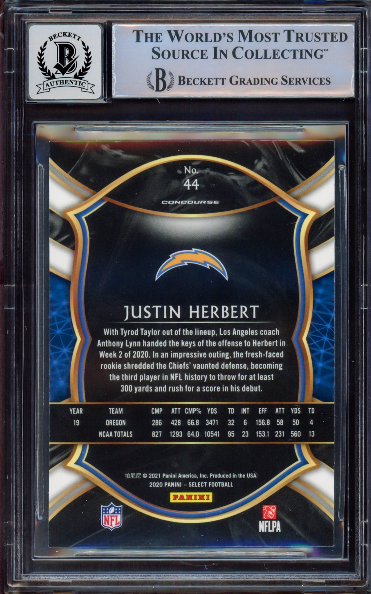 Justin Herbert Autographed 2020 Select Rookie Card #44 Los Angeles Chargers BGS 8.5 Auto Grade Near Mint/Mint 8 Beckett BAS #15469229