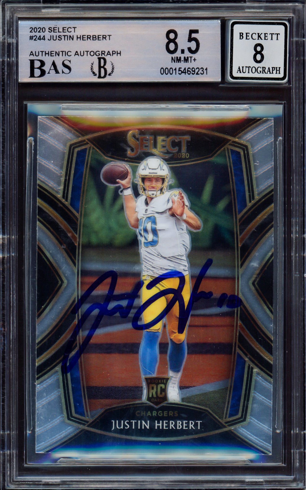 Justin Herbert Autographed 2020 Select Rookie Card #244 Los Angeles Chargers BGS 8.5 Auto Grade Near Mint/Mint 8 Beckett BAS #15469231