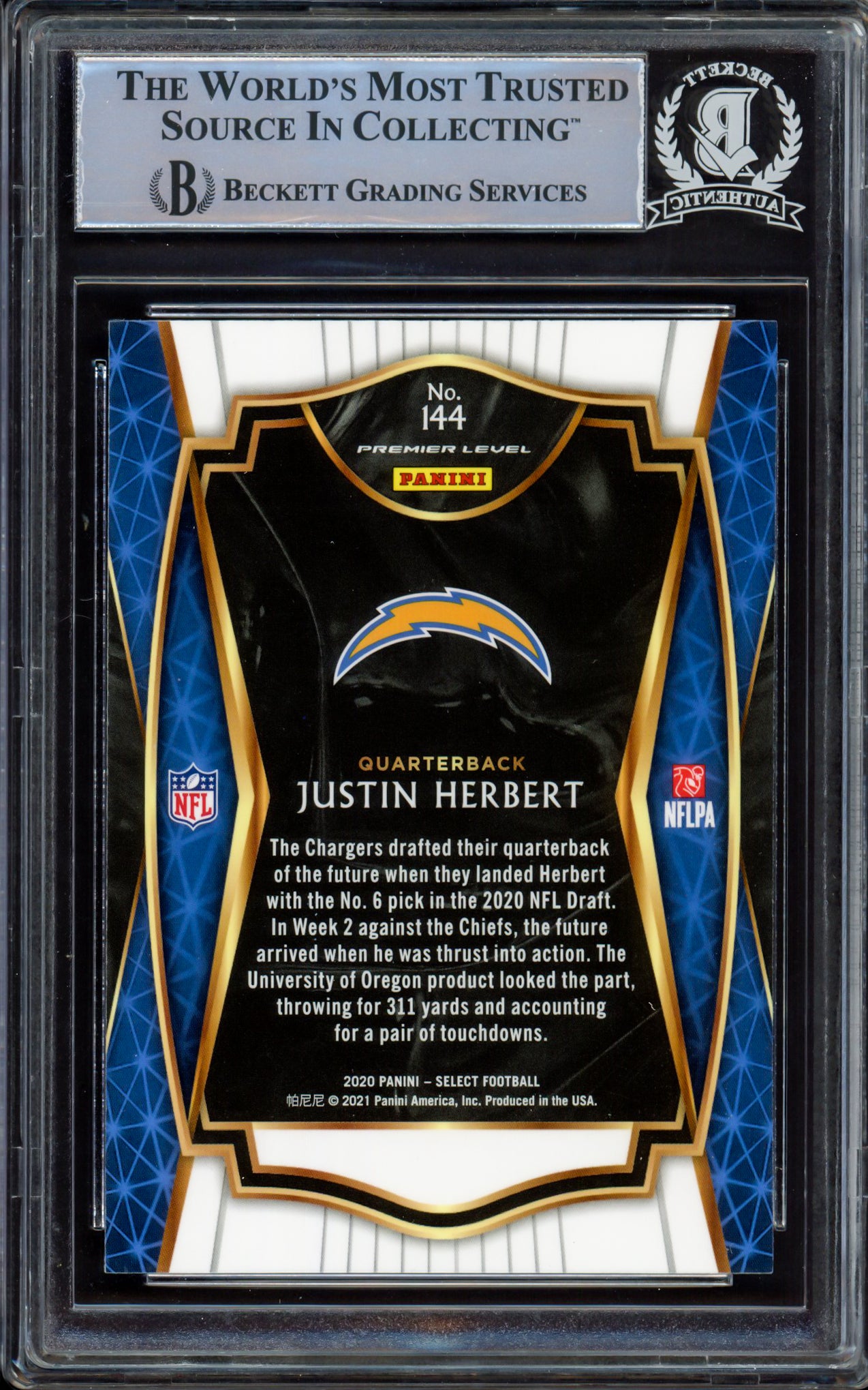Justin Herbert Autographed 2020 Select Rookie Card #144 Los Angeles Chargers Beckett BAS #15470096