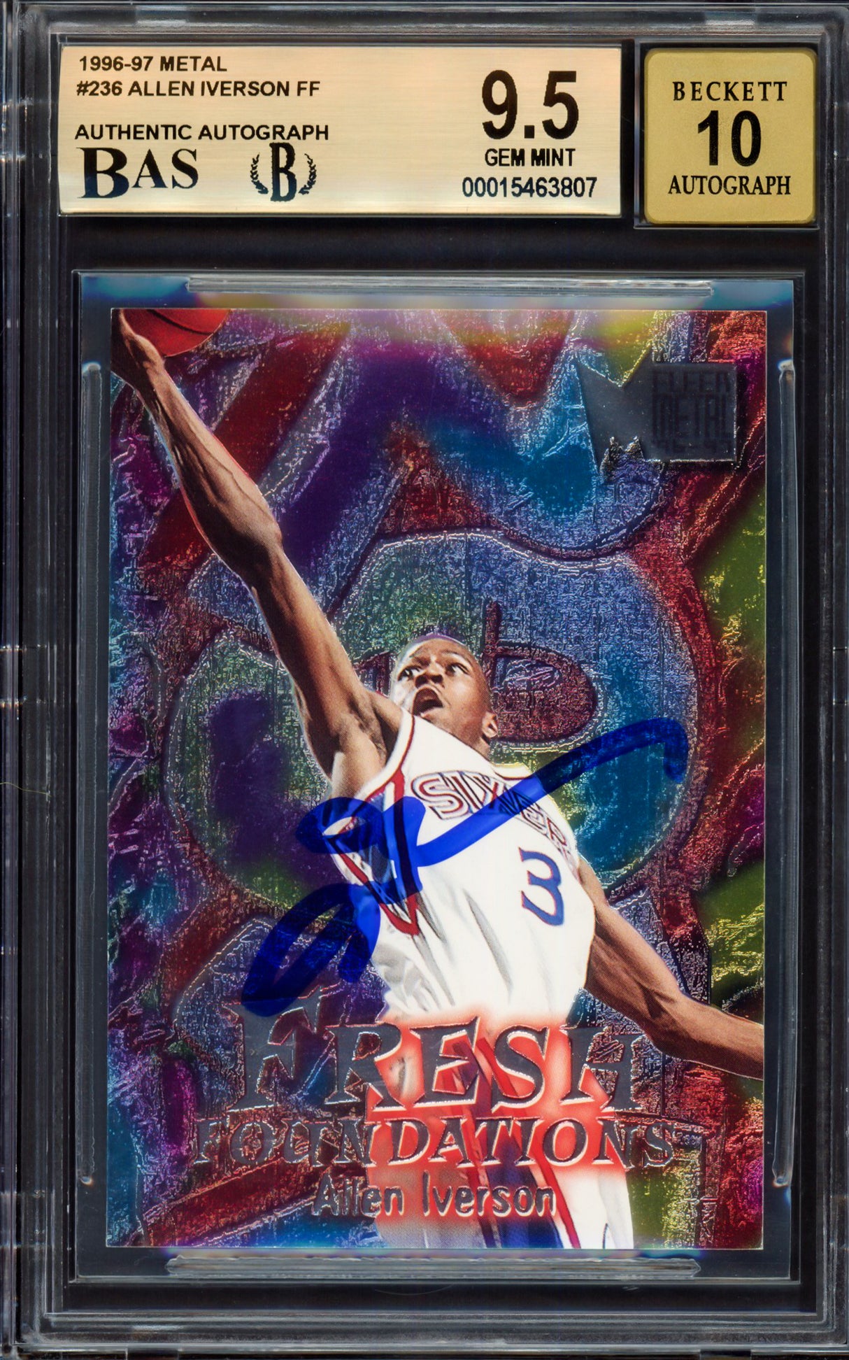 Allen Iverson Autographed 1996-97 Metal Rookie Card #236 Philadelphia 76ers BGS 9.5 Auto Grade Gem Mint 10 Beckett BAS #15463807