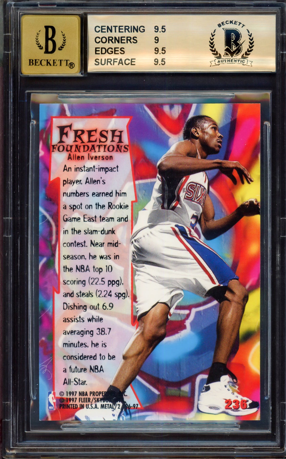 Allen Iverson Autographed 1996-97 Metal Rookie Card #236 Philadelphia 76ers BGS 9.5 Auto Grade Gem Mint 10 Beckett BAS #15463807