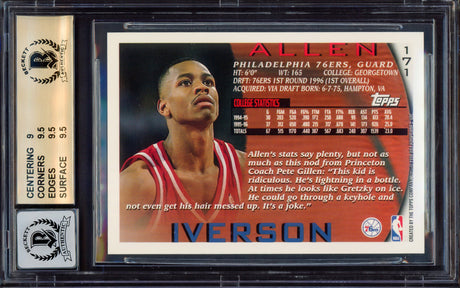 Allen Iverson Autographed 1996-97 Topps Rookie Card #171 Philadelphia 76ers BGS 9.5 Auto Grade Mint 9 Beckett BAS #15465305