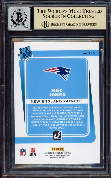 Mac Jones Autographed 2021 Donruss Rated Rookie Card #255 New England Patriots BGS 9.5 Auto Grade Mint 9 Beckett BAS #15466117