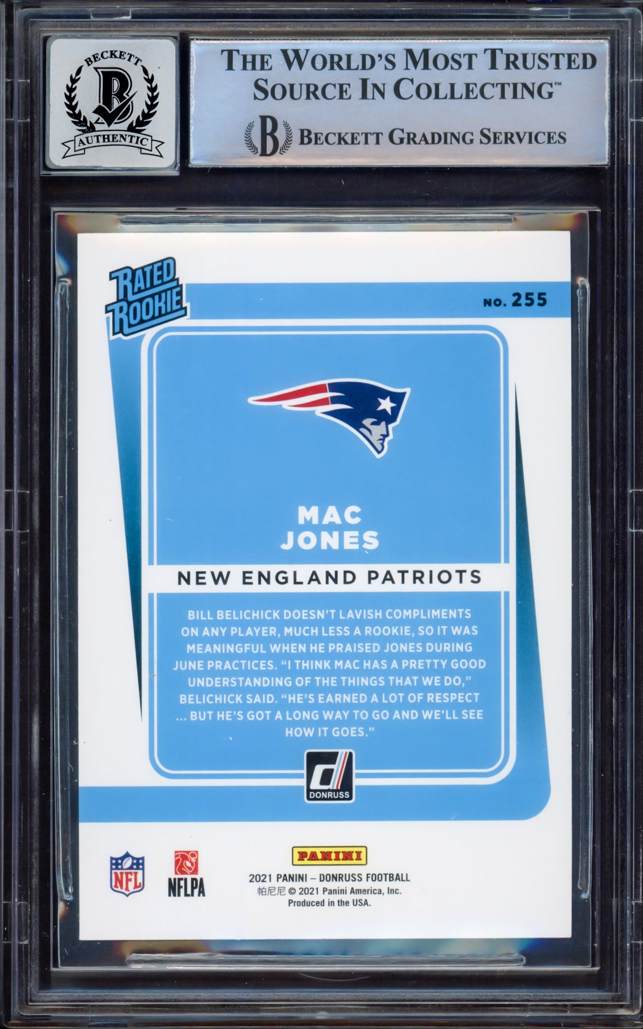 Mac Jones Autographed 2021 Donruss Rated Rookie Card #255 New England Patriots BGS 9 Auto Grade Near Mint/Mint 8 Beckett BAS #15467833