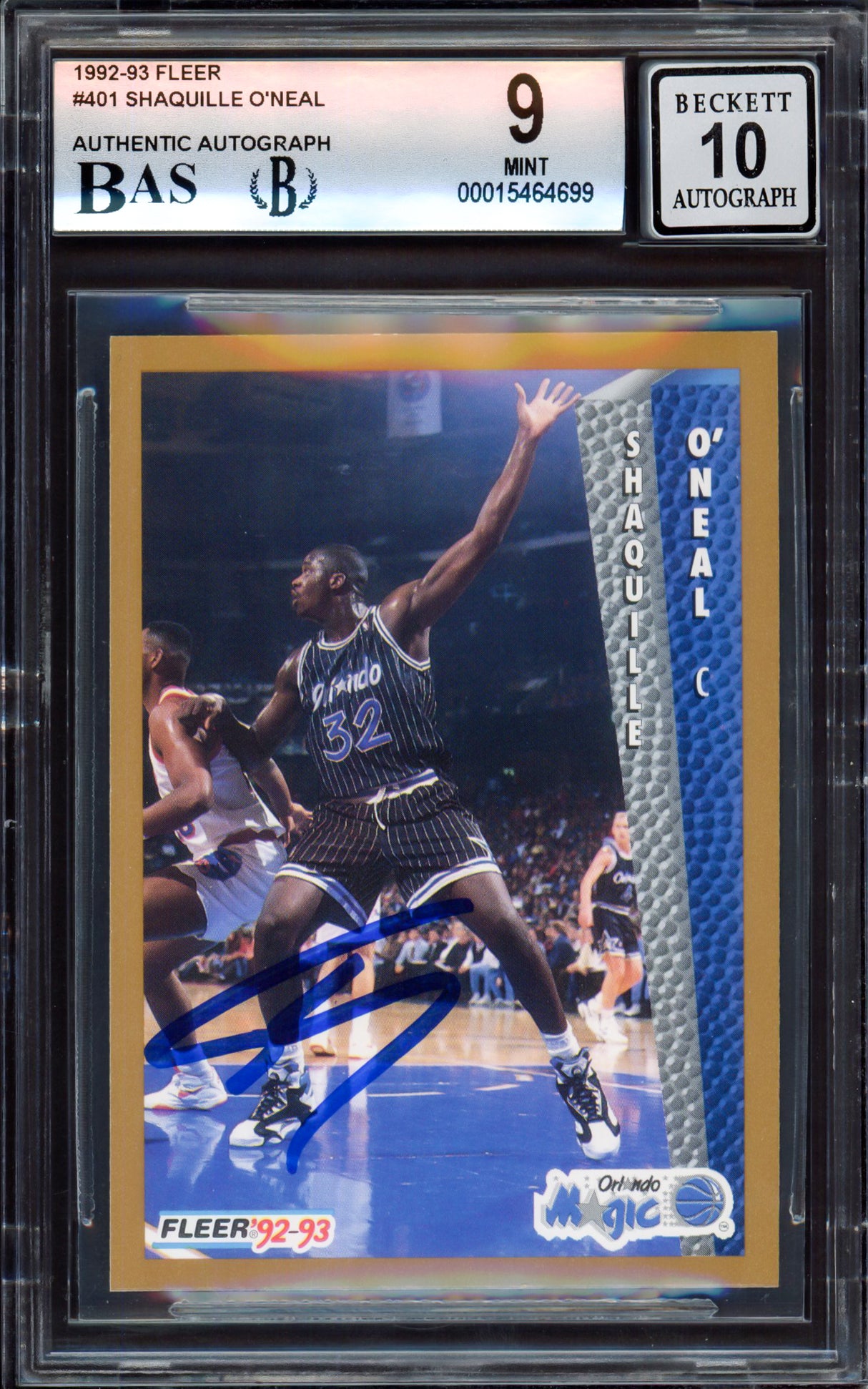 Shaquille "Shaq" O'Neal Autographed 1992 Fleer Rookie Card #401 Orlando Magic BGS 9 Auto Grade Gem Mint 10 Beckett BAS #15464699